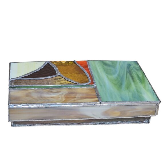 Vtg Stained Glass Trinket Box With Artistic Multicolor Lid & Clear Textured Base - Picture 4 of 4